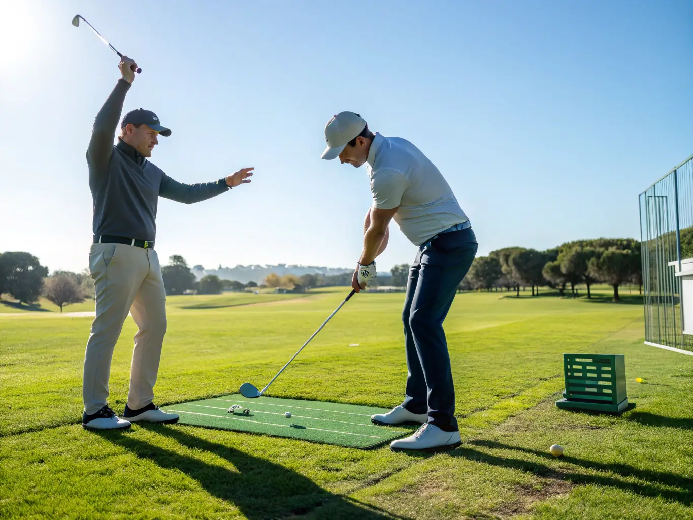 A professional golf instructor providing personalized coaching to a member, demonstrating the commitment to skill development and improvement within the ASSOC.SPORTIVE DU GOLF BEAUNE LEVERNOIS.