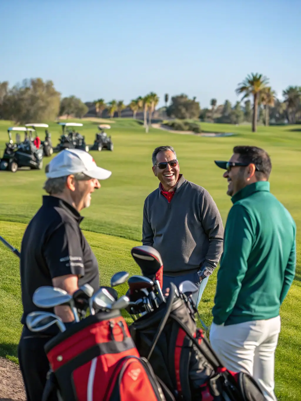 A serene image of a group of senior golfers enjoying a leisurely round of golf at the Beaune Levernois Golf Course, emphasizing the social aspect of the sport.