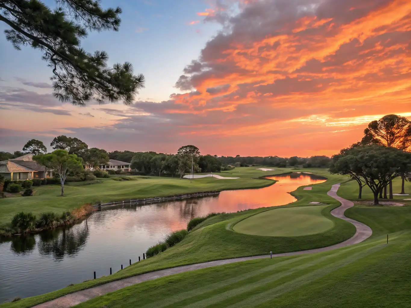 A scenic view of the Beaune-Levernois golf course, showcasing lush green fairways and a golfer teeing off with a beautiful sunrise in the background, symbolizing the beauty and tranquility of the sport.