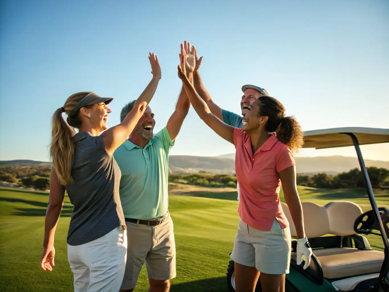 A group of diverse golfers laughing and socializing on the golf course after a game, highlighting the social aspect and community spirit of the ASSOC.SPORTIVE DU GOLF BEAUNE LEVERNOIS.