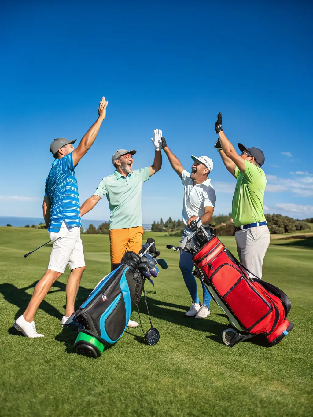 A dynamic shot of a group of golfers participating in a club tournament, showcasing the competitive spirit and camaraderie at ASSOC.SPORTIVE DU GOLF BEAUNE LEVERNOIS.