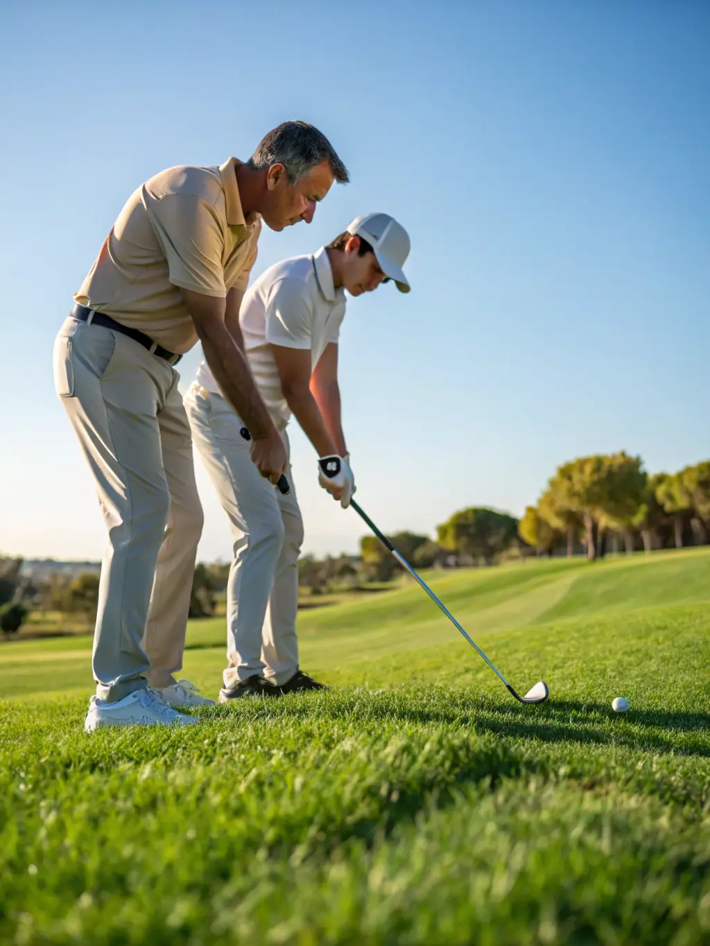 A focused image of a golf instructor providing personalized coaching to a member at the Beaune Levernois Golf Course, highlighting the individualized attention.