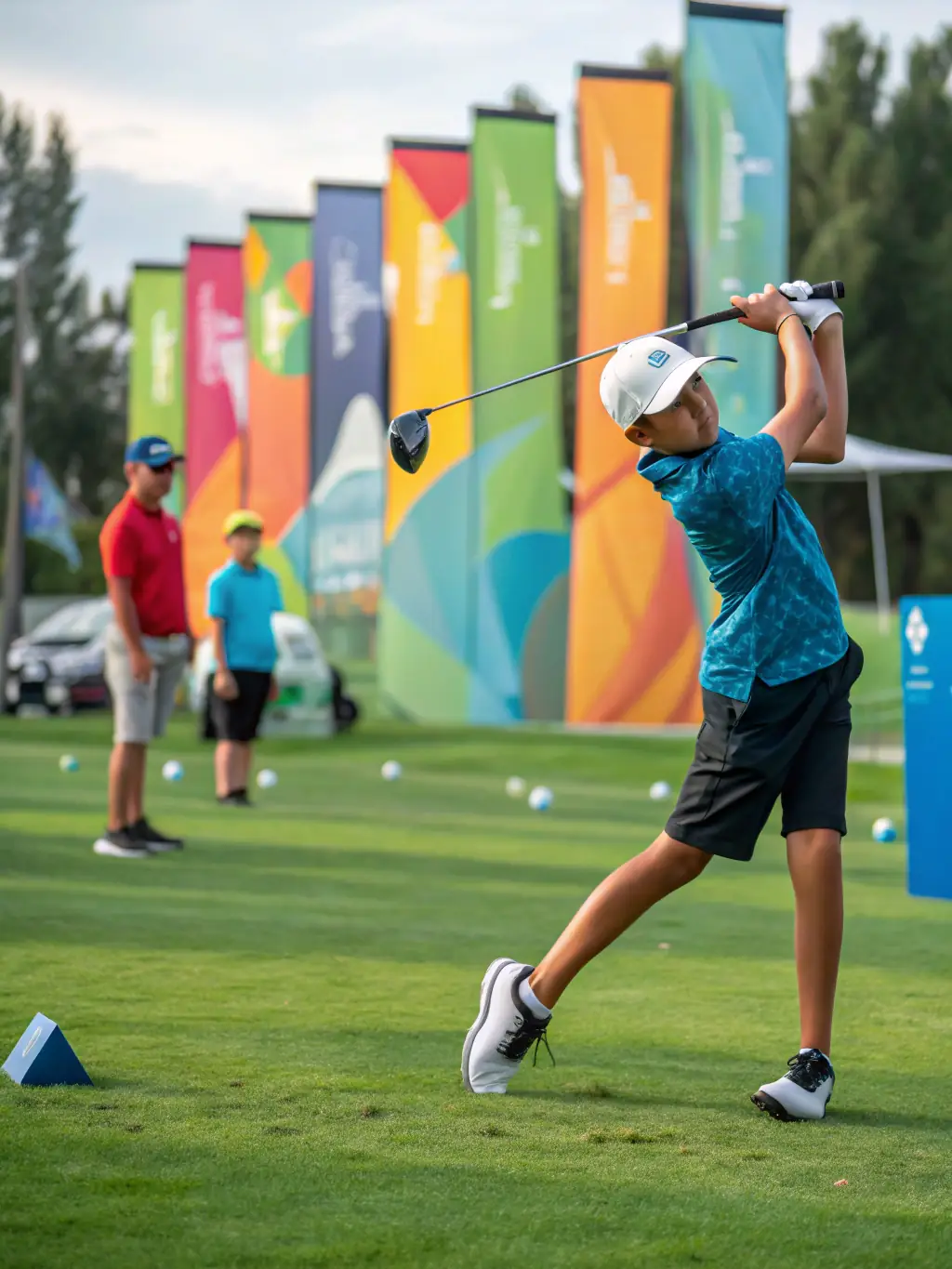 A vibrant image of junior golfers participating in a training session at Beaune Levernois Golf Course, focusing on putting techniques, with the coach providing guidance.