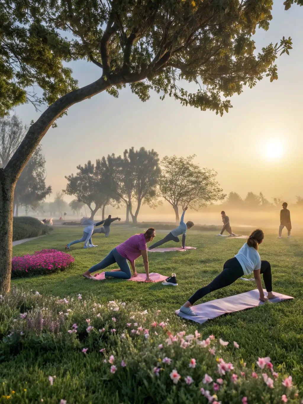 A serene image of a yoga session on the golf course, emphasizing the wellness aspect of ASSOC.SPORTIVE DU GOLF BEAUNE LEVERNOIS's activities.