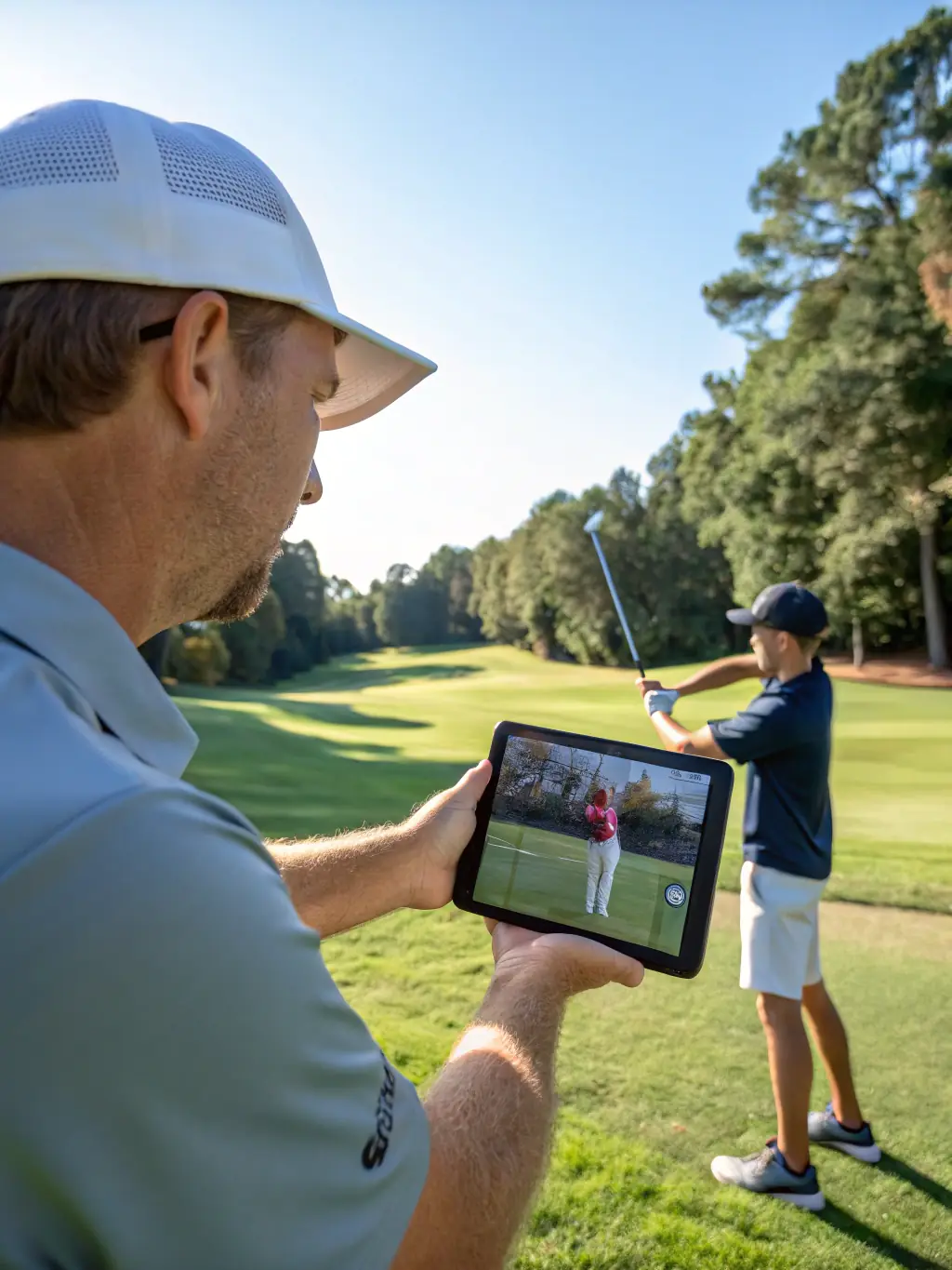 An engaging image of a golf training session, with a coach providing personalized instruction to a member at ASSOC.SPORTIVE DU GOLF BEAUNE LEVERNOIS.