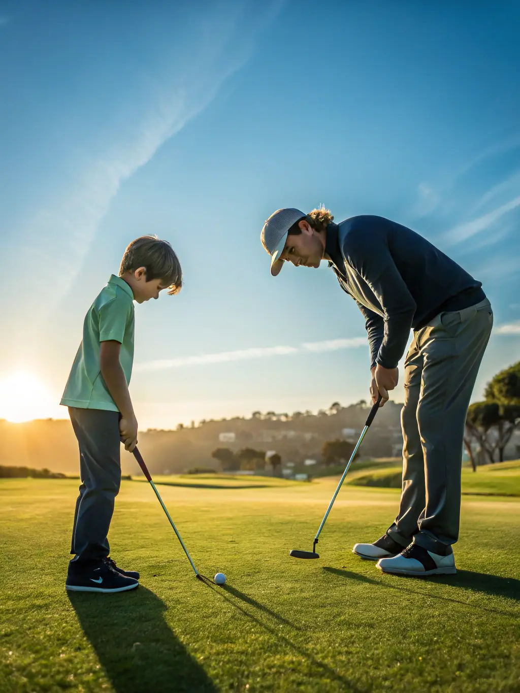 A vibrant image of a junior golf clinic in session, with kids learning putting techniques under the guidance of an instructor at ASSOC.SPORTIVE DU GOLF BEAUNE LEVERNOIS.